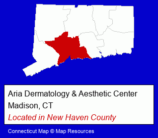 Connecticut counties map, showing the general location of Aria Dermatology & Aesthetic Center