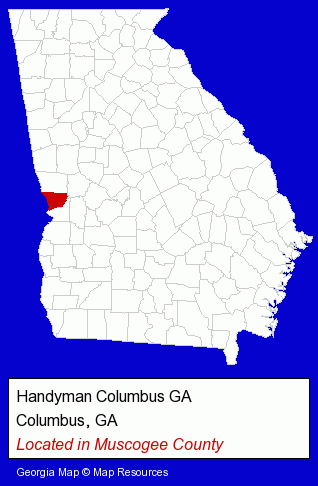 Georgia counties map, showing the general location of Handyman Columbus GA