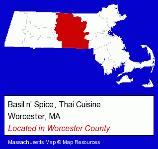 Massachusetts counties map, showing the general location of Basil n' Spice, Thai Cuisine