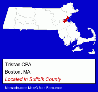 Massachusetts counties map, showing the general location of Tristan CPA