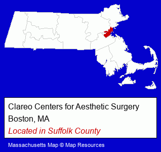 Massachusetts counties map, showing the general location of Clareo Centers for Aesthetic Surgery