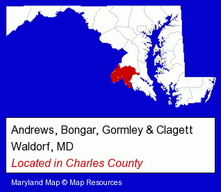 Maryland counties map, showing the general location of Andrews, Bongar, Gormley & Clagett