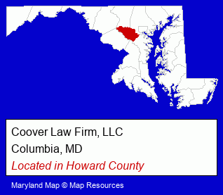 Maryland counties map, showing the general location of Coover Law Firm, LLC