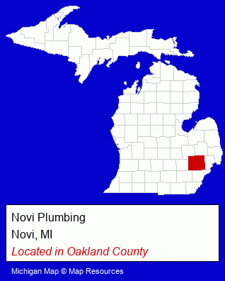 Michigan counties map, showing the general location of Novi Plumbing