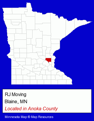 Minnesota counties map, showing the general location of RJ Moving