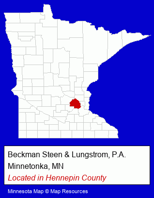 Minnesota counties map, showing the general location of Beckman Steen & Lungstrom, P.A.