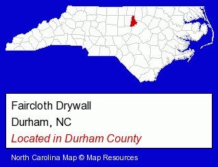 North Carolina counties map, showing the general location of Faircloth Drywall