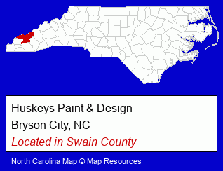 North Carolina counties map, showing the general location of Huskeys Paint & Design
