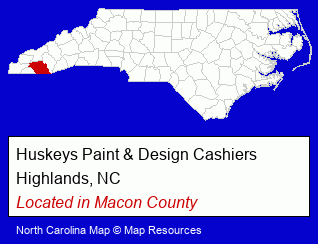 North Carolina counties map, showing the general location of Huskeys Paint & Design Cashiers