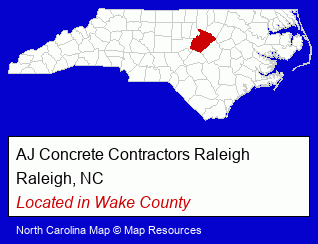 North Carolina counties map, showing the general location of AJ Concrete Contractors Raleigh