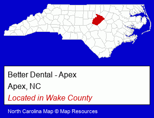 North Carolina counties map, showing the general location of Better Dental - Apex