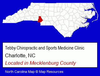 North Carolina counties map, showing the general location of Tebby Chiropractic and Sports Medicine Clinic