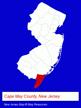 New Jersey map, showing the general location of Cape May Bird Observatory