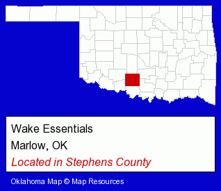 Oklahoma counties map, showing the general location of Wake Essentials