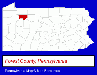 Forest County is highlighted in red. Pennsylvania map, showing the general location of C & J Metals