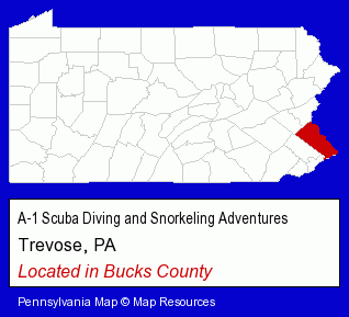 Pennsylvania counties map, showing the general location of A-1 Scuba Diving and Snorkeling Adventures