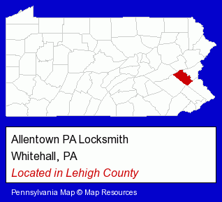 Pennsylvania counties map, showing the general location of Allentown PA Locksmith