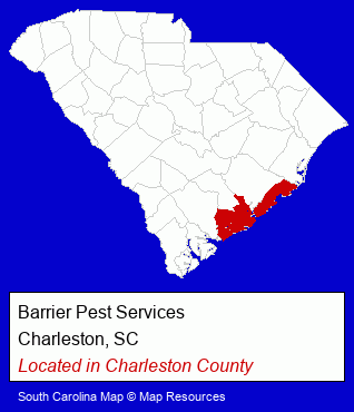 South Carolina counties map, showing the general location of Barrier Pest Services