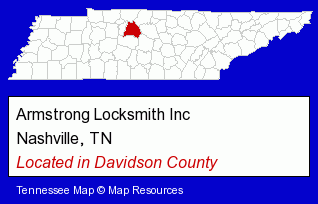Tennessee counties map, showing the general location of Armstrong Locksmith Inc