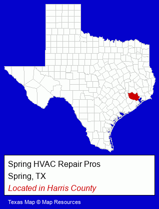 Texas counties map, showing the general location of Spring HVAC Repair Pros