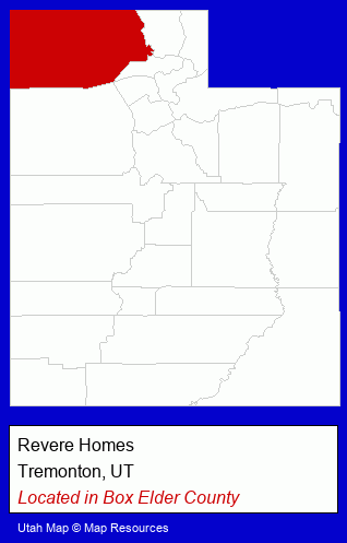 Utah counties map, showing the general location of Revere Homes