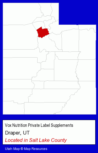 Utah counties map, showing the general location of Vox Nutrition Private Label Supplements
