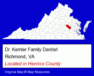 Virginia counties map, showing the general location of Dr. Kemler Family Dentist