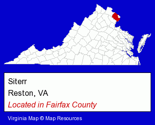 Virginia counties map, showing the general location of Siterr