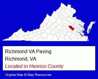 Virginia counties map, showing the general location of Richmond VA Paving