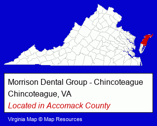 Virginia counties map, showing the general location of Morrison Dental Group - Chincoteague