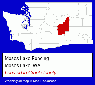 Washington counties map, showing the general location of Moses Lake Fencing