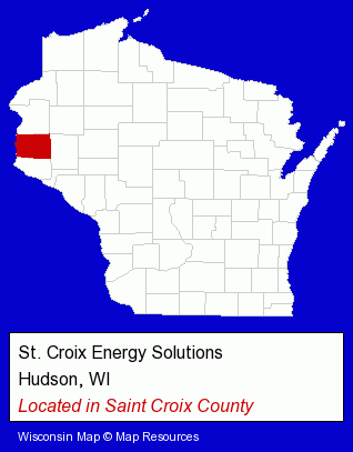 Wisconsin counties map, showing the general location of St. Croix Energy Solutions