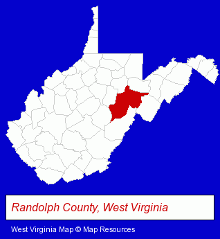 West Virginia map, showing the general location of Elkins-Randolph County Library